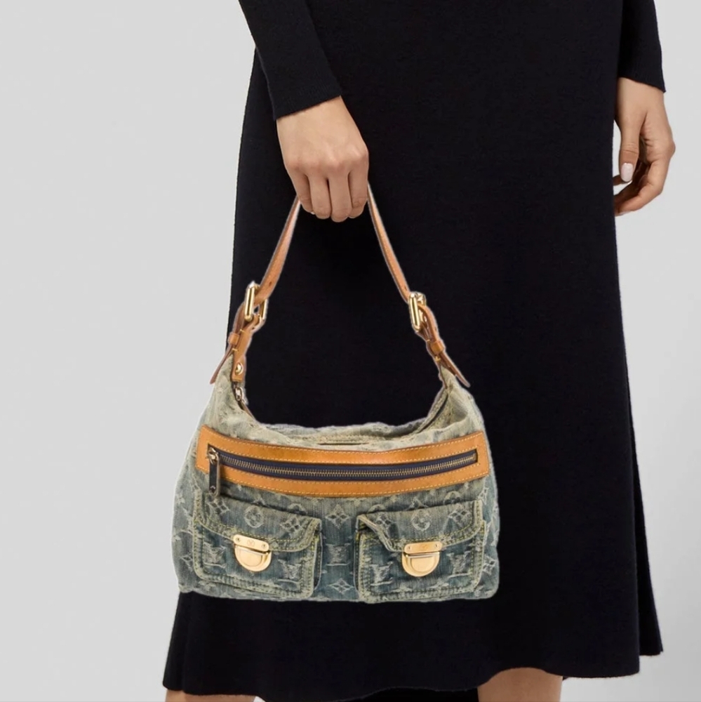 Louis Vuitton Denim Monogram Shoulder Bag with Tan Leather Trim